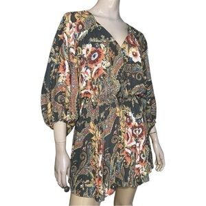 Free People Size XS Dark Green Mauve Blue White Floral Print High Plains Dress